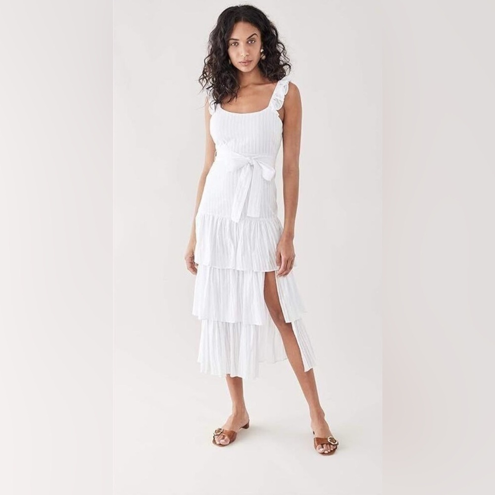 LIKELY 4 Romantic Coastal Beach Feminine White Sleeveless Dress TierRuffle Slit